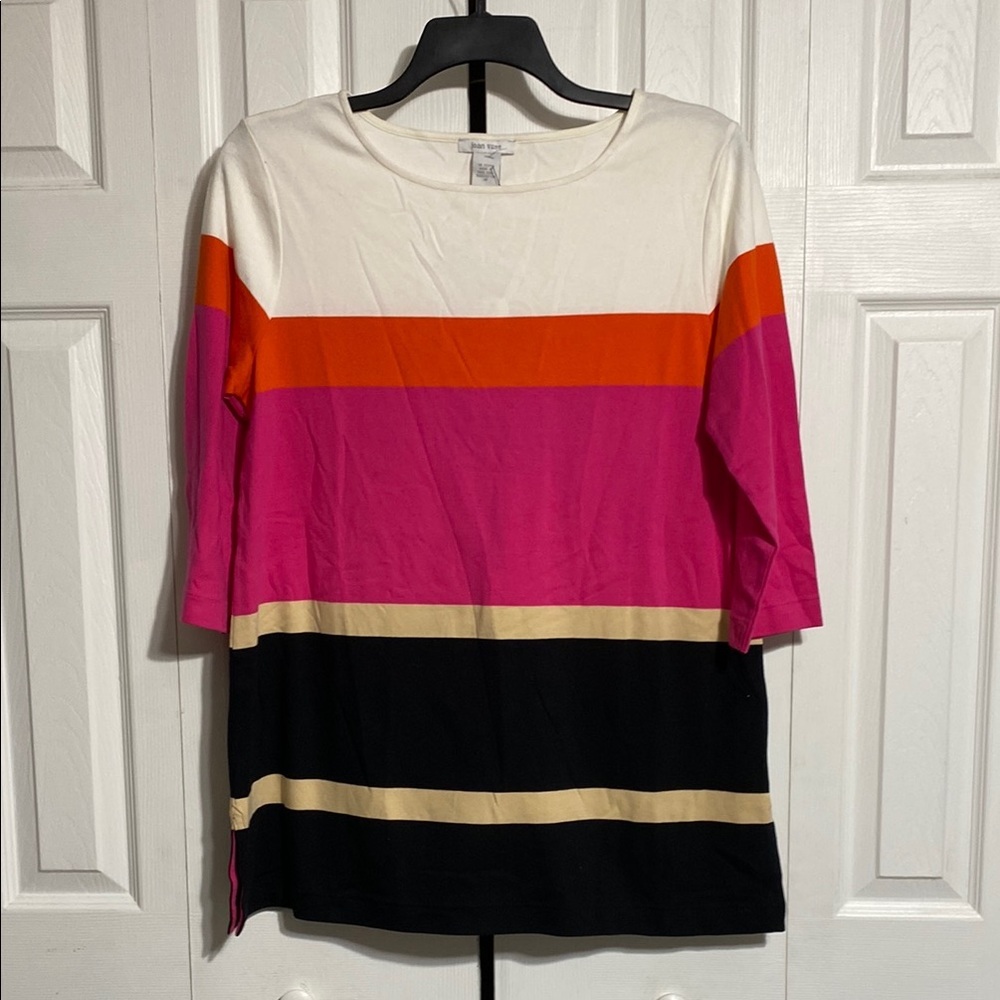 Joan Vass multi color striped knit cotton tunic top shirt size 10 plus
